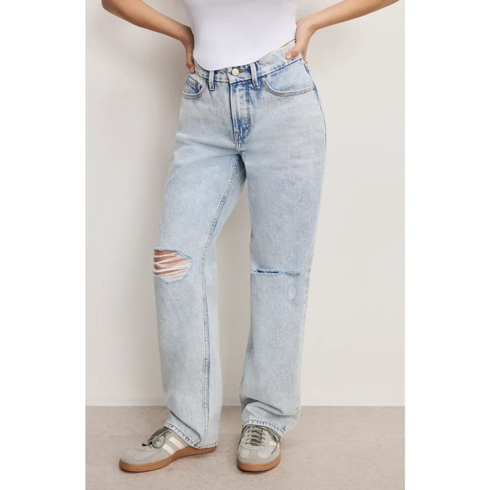 NWT Good American Good Petite 90s Jeans 4/27 Blue Low Rise Straight Distressed